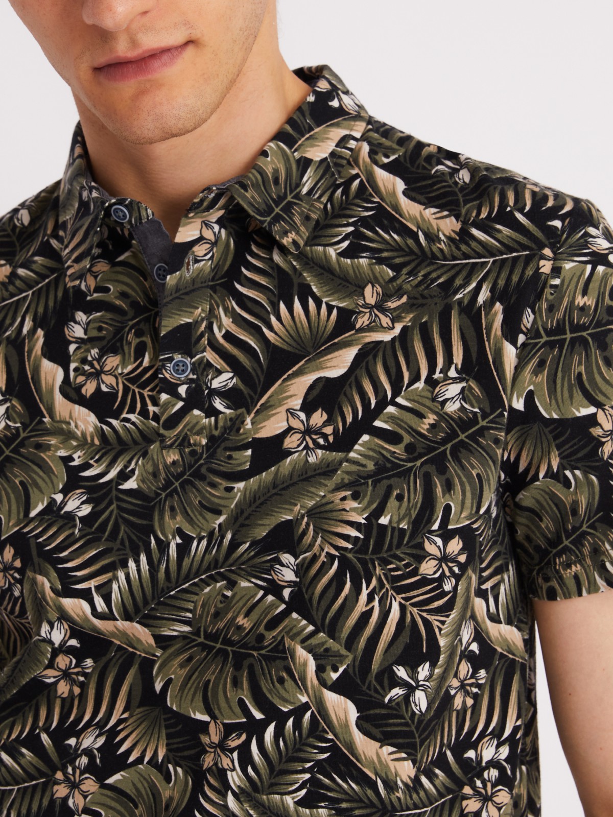 Принтованная футболка поло из хлопка с тропическим принтом